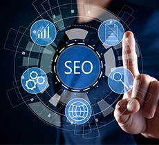 A white robot interacts with a holographic interface featuring charts and a central icon that says "AI"